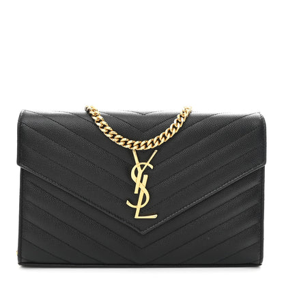 Saint Laurent Grain De Poudre Matelasse Chevron Monogram Chain Wallet Black 1 of 12