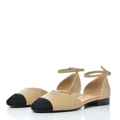 Chanel Lambskin Grosgrain Cap Toe CC Ankle Strap Sandals 39.5 Beige Black 3 of 9