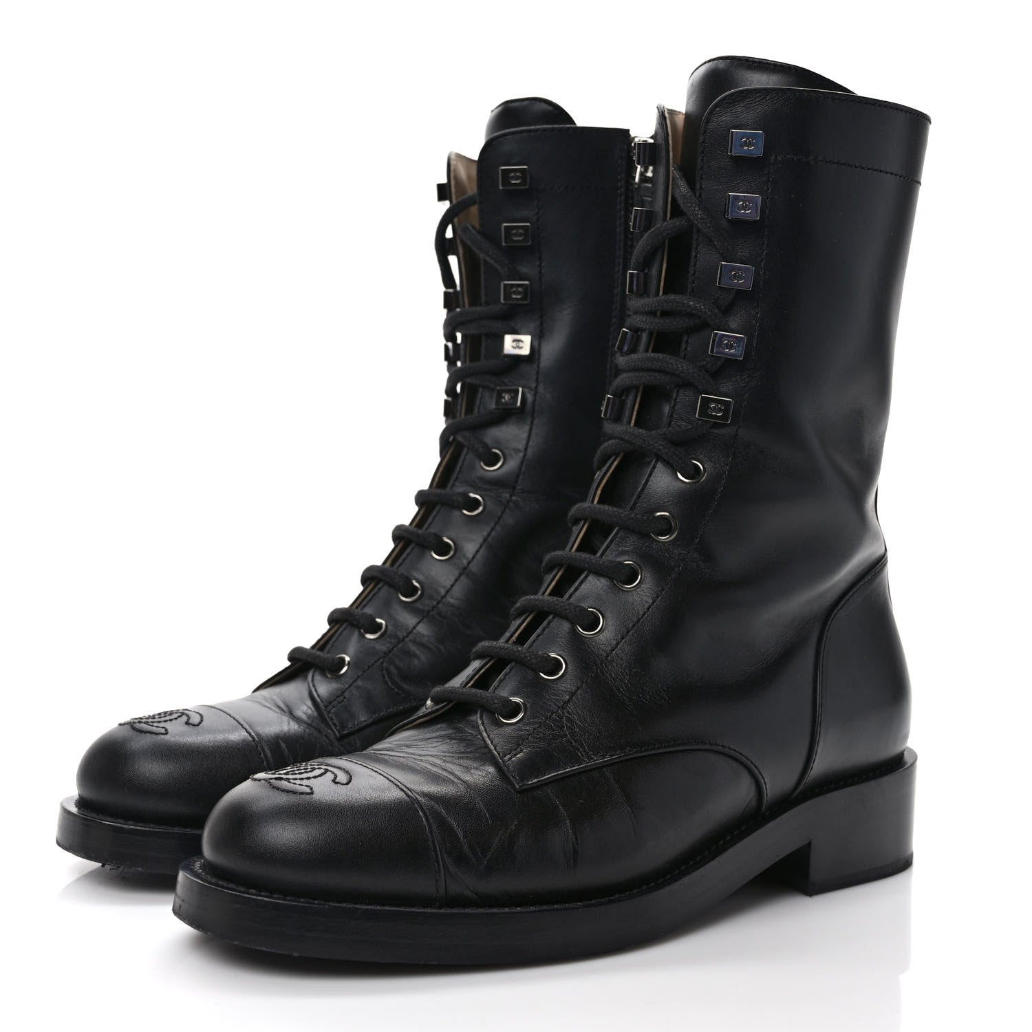 Chanel Crumpled Calfskin Lace Up Combat Boots 37 Black 3 of 10