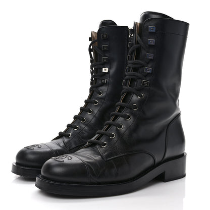 Chanel Crumpled Calfskin Lace Up Combat Boots 37 Black 3 of 10
