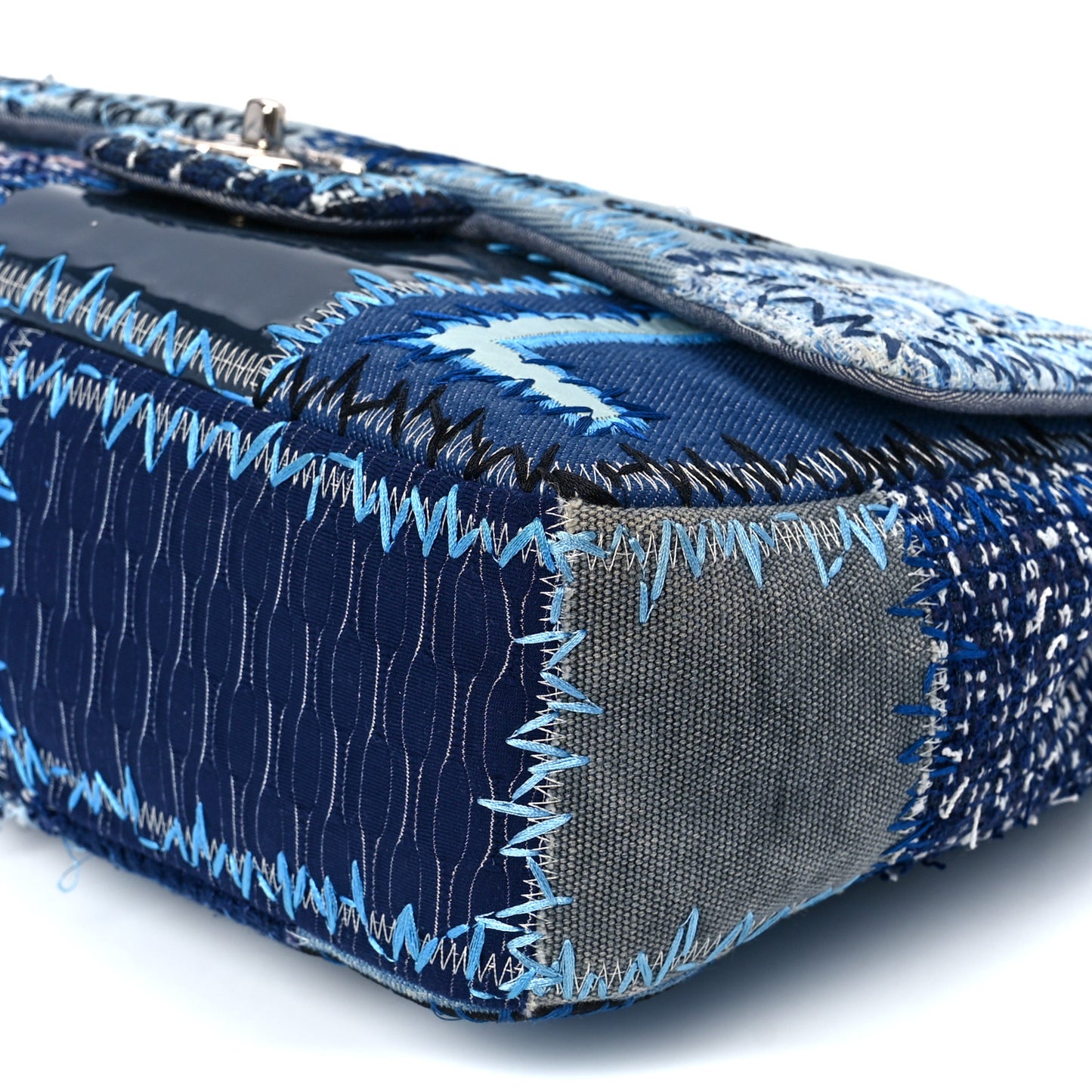 Denim Tweed Patchwork Jumbo Single Flap Blue