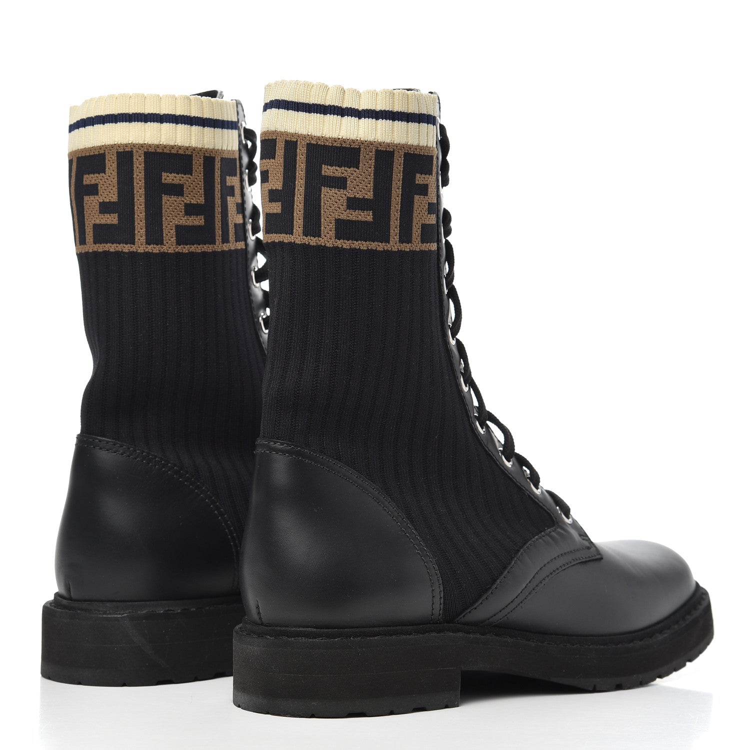 Fendi Calfskin Stretch Fabric Rockoko Biker Boots 38 Tobacco Black Marino 4 of 15