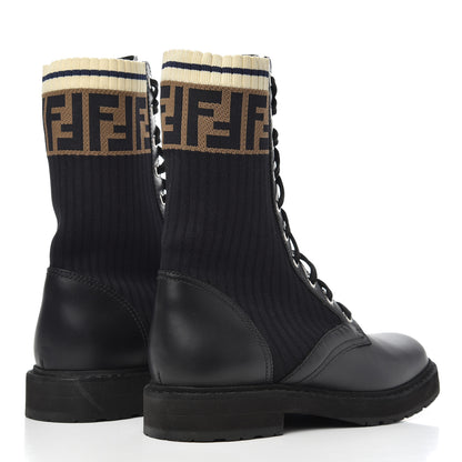 Fendi Calfskin Stretch Fabric Rockoko Biker Boots 38 Tobacco Black Marino 4 of 15