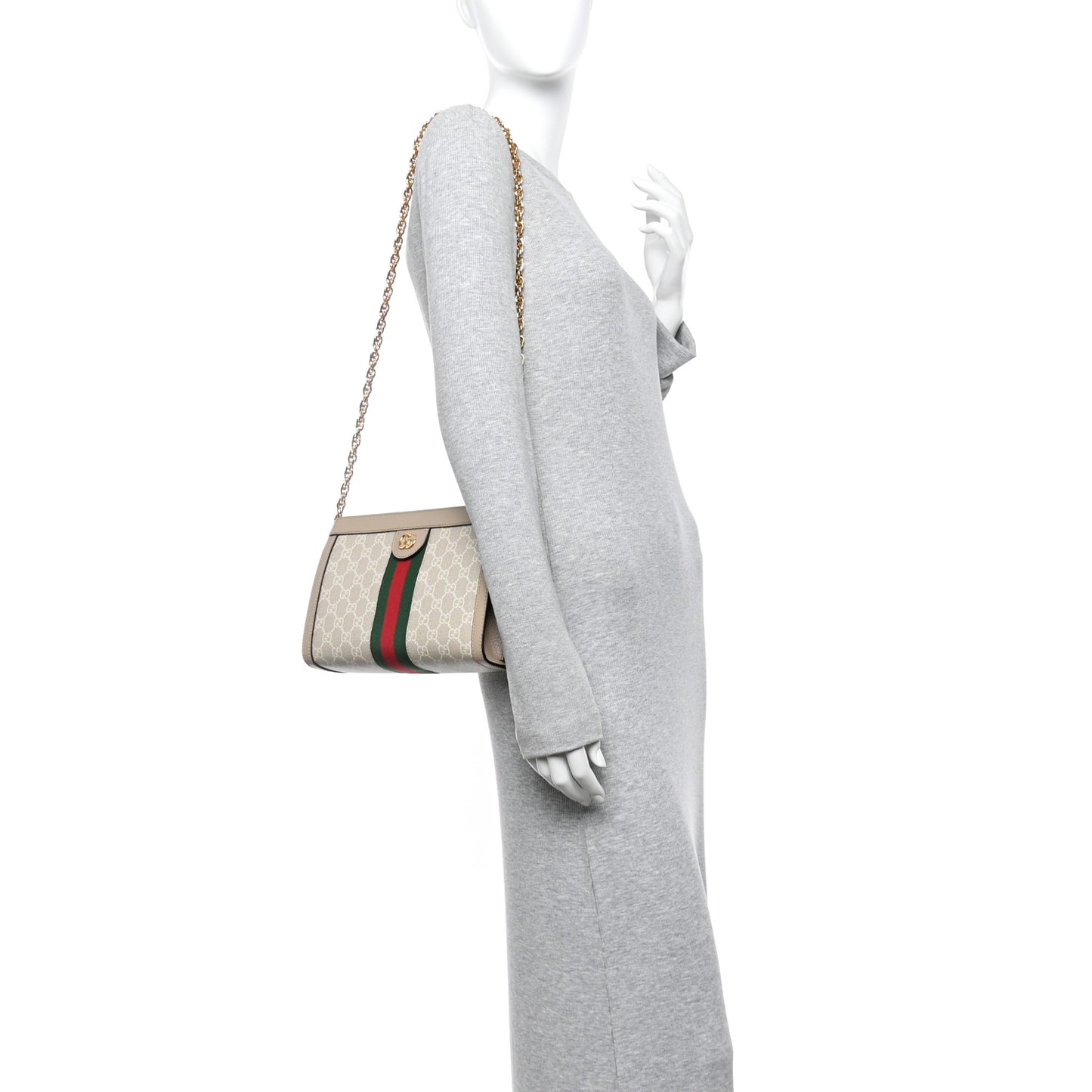 GG Supreme Monogram Textured Dollar Calfskin Web Small Ophidia Chain Shoulder Bag Beige Mystic White Oatmeal