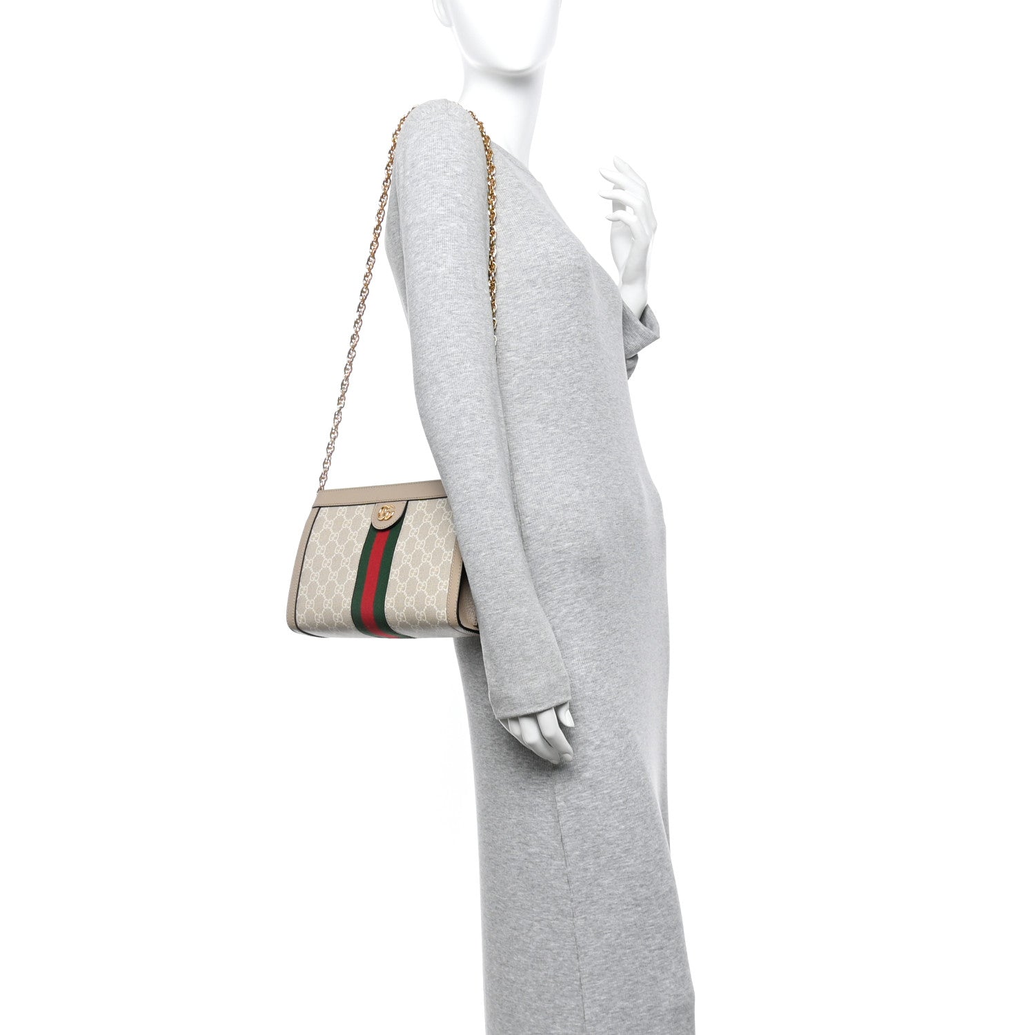 Gucci GG Supreme Monogram Textured Dollar Calfskin Web Small Ophidia Chain Shoulder Bag Beige Mystic White Oatmeal 2 of 11