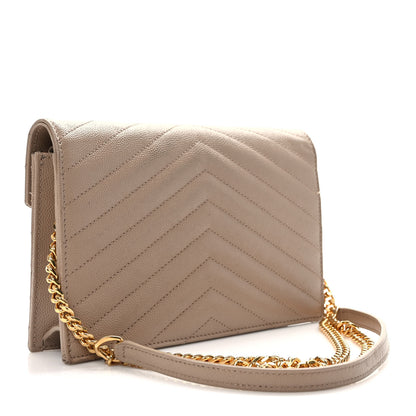 Saint Laurent Grain De Poudre Matelasse Chevron Monogram Envelope Chain Wallet Dark Beige 2 of 8