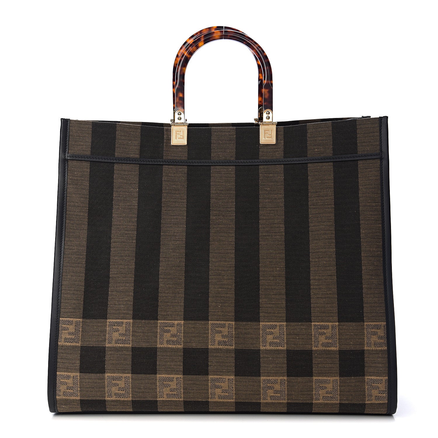 Fendi Fabric Jacquard Vitello Seta Plexiglass Pequin Gingham Large Fendi Sunshine Shopper Tote Tobacco Moro Black 1 of 11