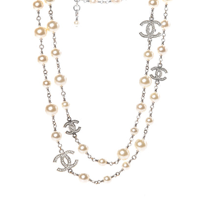 Chanel Crystal Pearl CC Long Necklace Silver 1 of 5