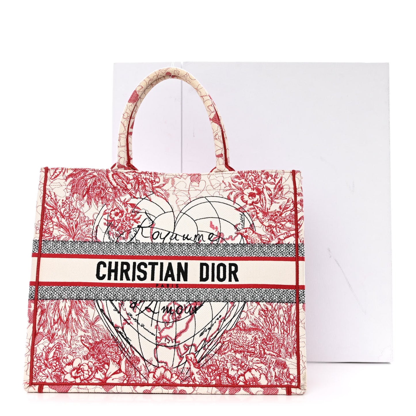 Canvas Embroidered Large Dioramour D-Royaume Book Tote Red Multicolor