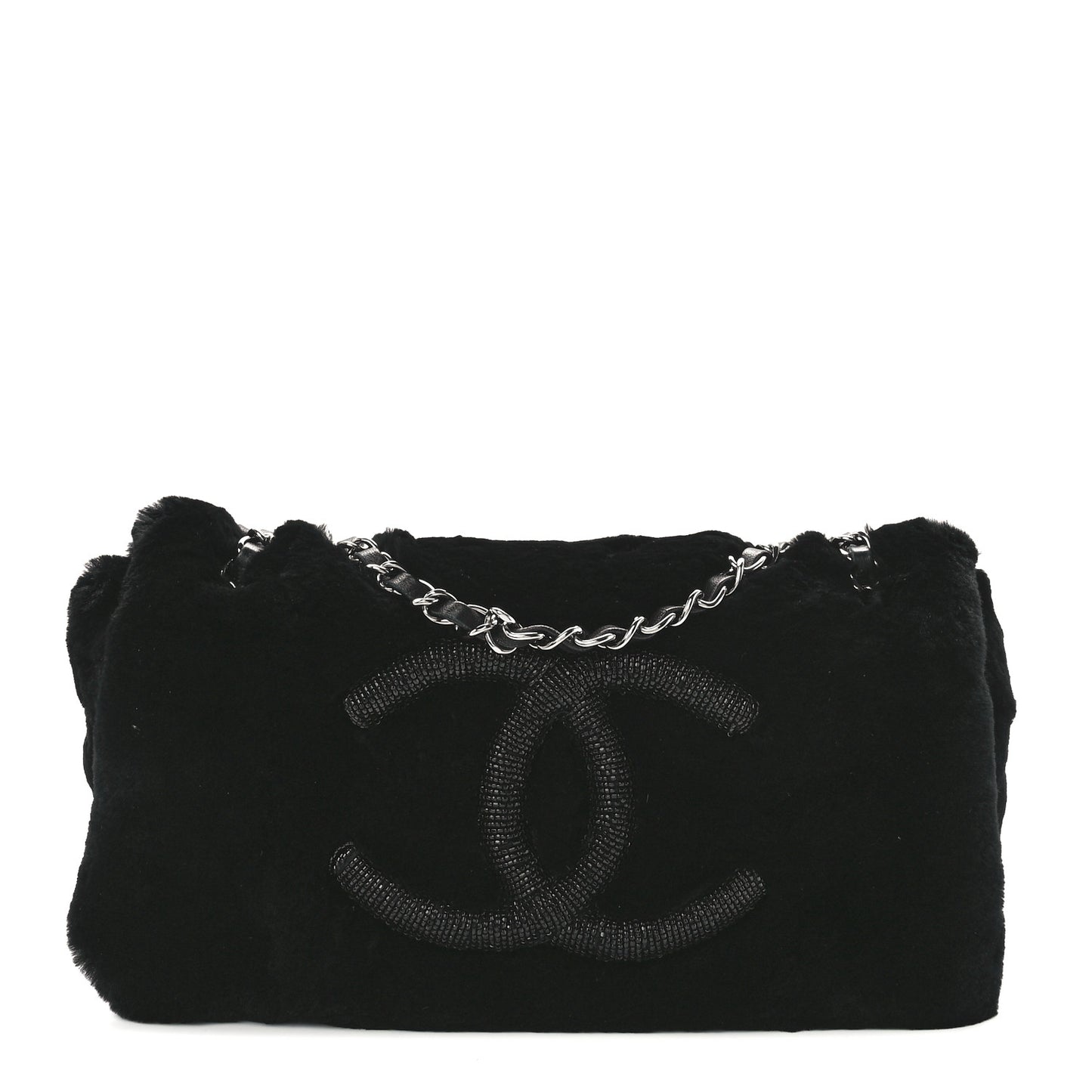 Rabbit Fur Beaded CC Flap Bag Black