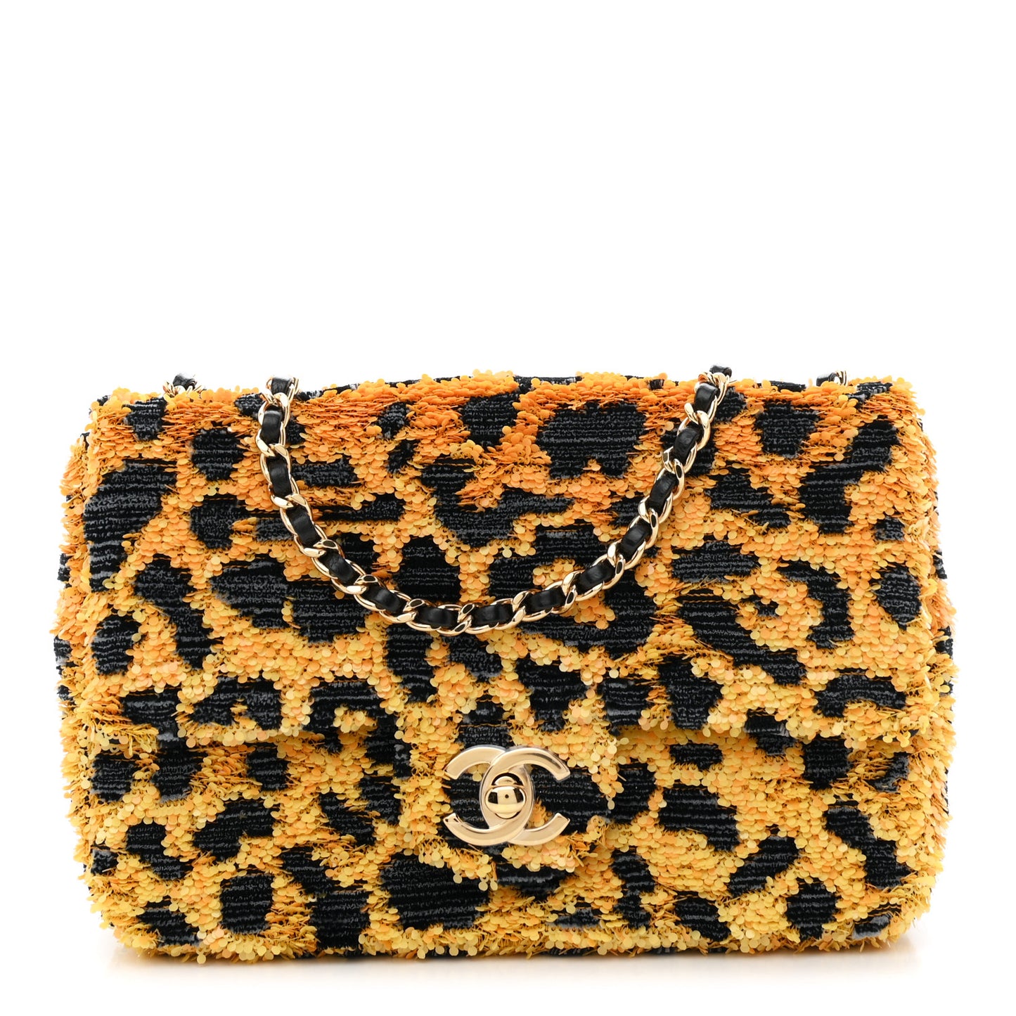 Sequin Mixed Fibers Leopard Print Mini Rectangular Flap Black Orange