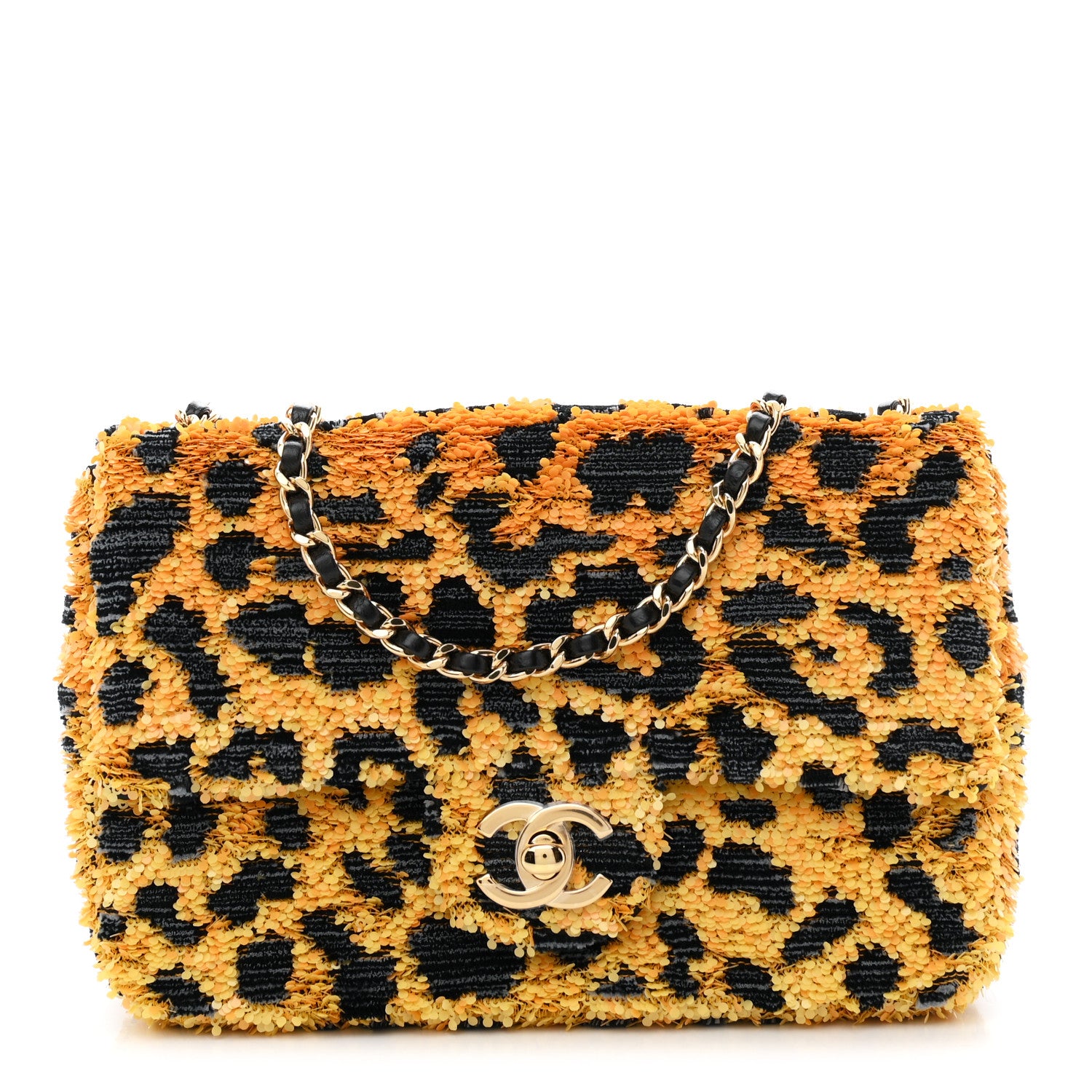 Chanel Sequin Mixed Fibers Leopard Print Mini Rectangular Flap Black Orange 1 of 11