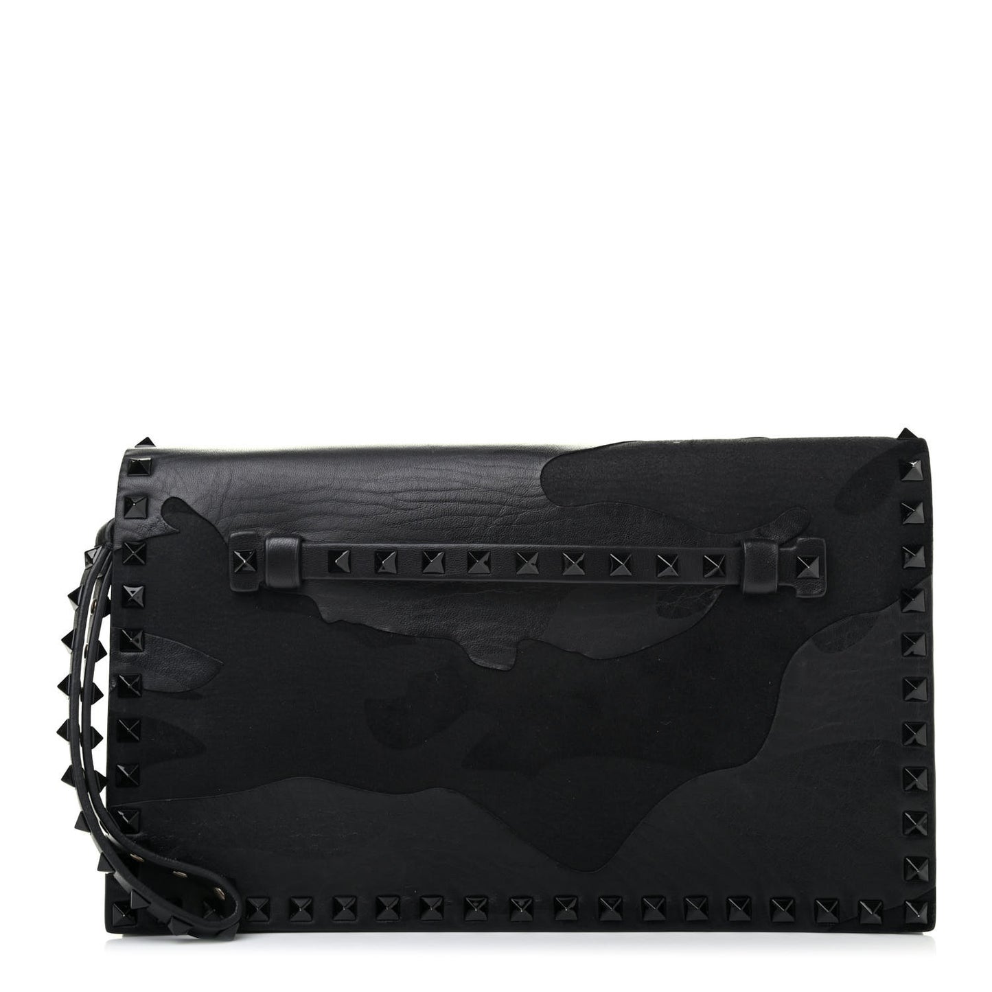 Nappa Canvas Camouflage Rockstud Wristlet Clutch Black