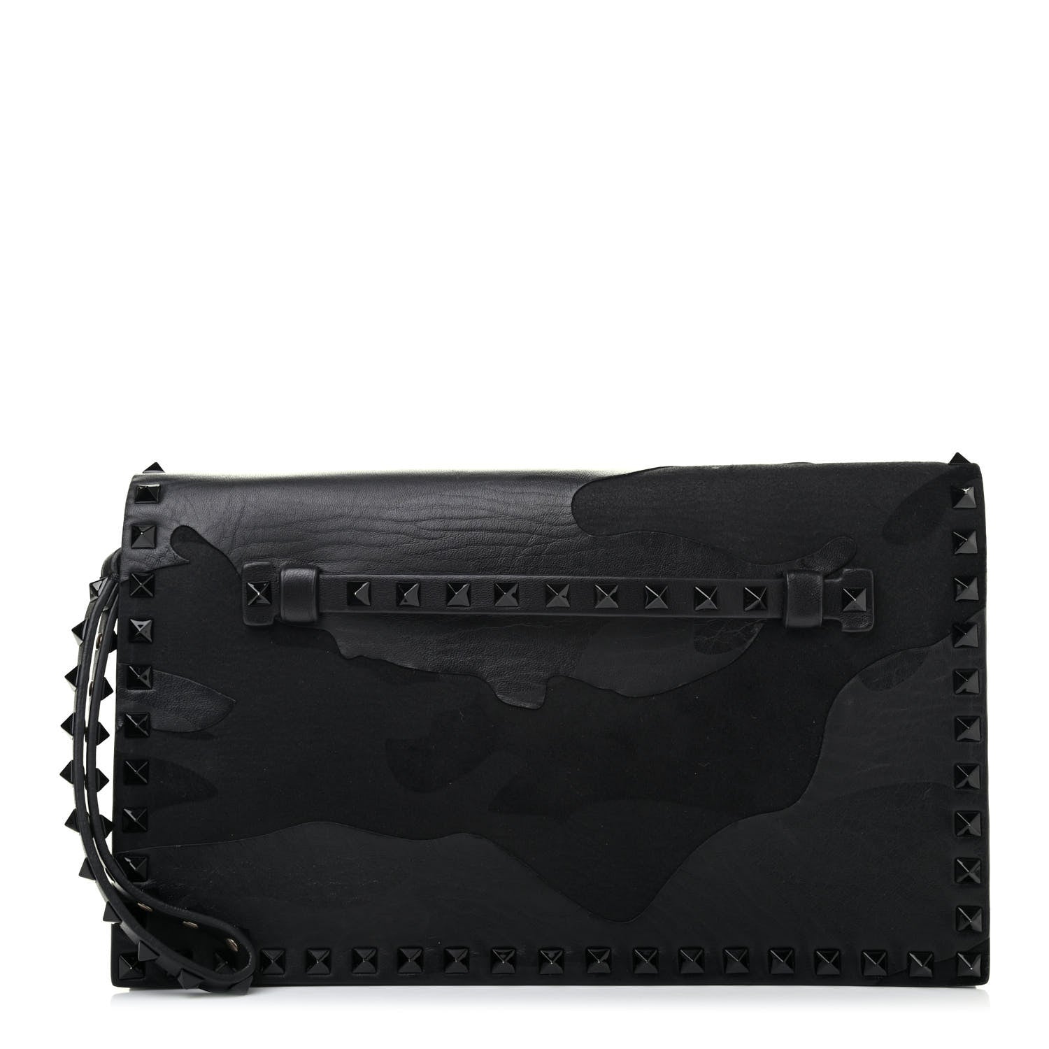 Valentino Garavani Nappa Canvas Camouflage Rockstud Wristlet Clutch Black 1 of 4