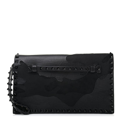 Valentino Garavani Nappa Canvas Camouflage Rockstud Wristlet Clutch Black 1 of 4