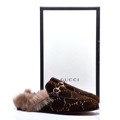 Gucci Velvet GG Monogram Fur Womens Princetown Slippers 38 Brown Black Natural 8 of 8