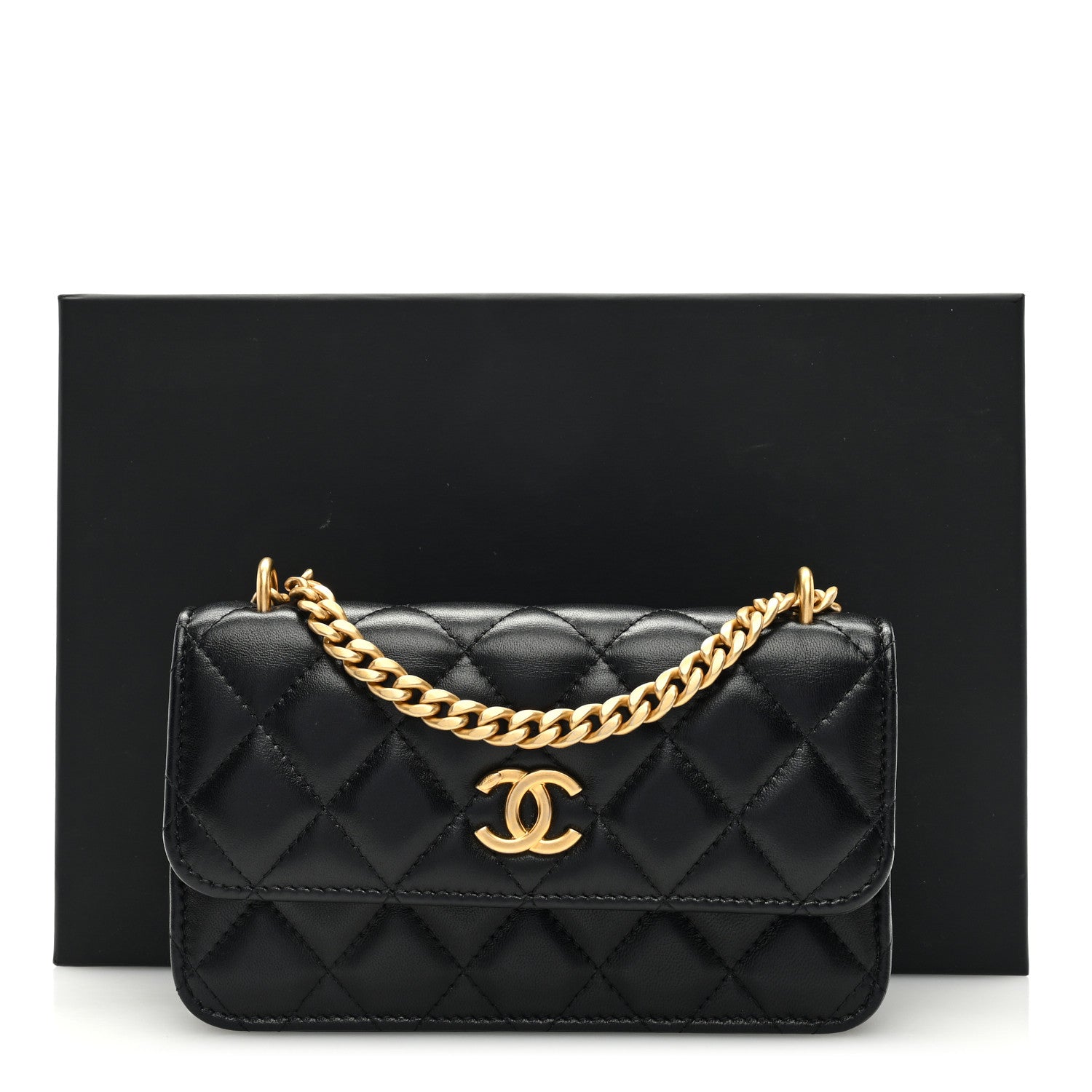 Chanel Lambskin Quilted Sweet Camellia Flap Phone Holder With Chain Black 10 of 10