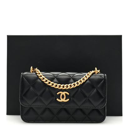 Chanel Lambskin Quilted Sweet Camellia Flap Phone Holder With Chain Black 10 of 10