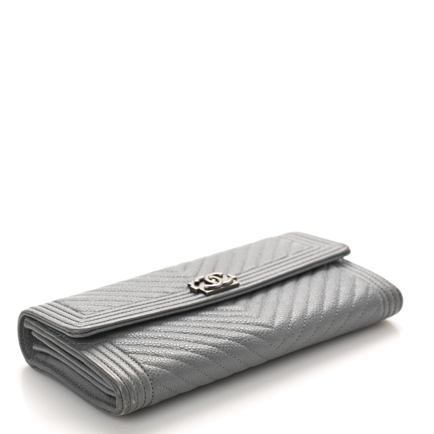 Caviar Chevron Quilted Large Boy Gusset Flap Wallet Grey