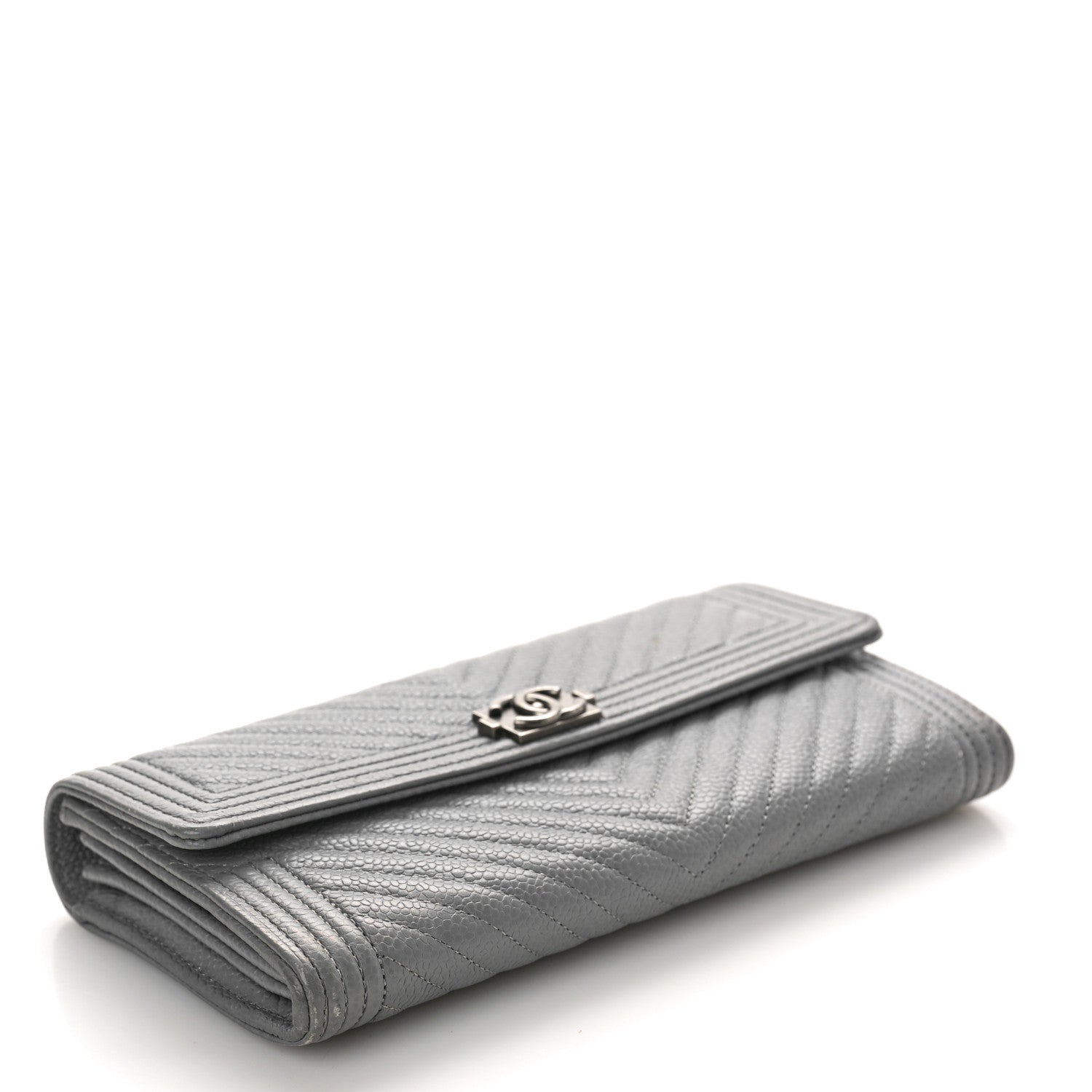 Chanel Caviar Chevron Quilted Large Boy Gusset Flap Wallet Grey 4 of 13
