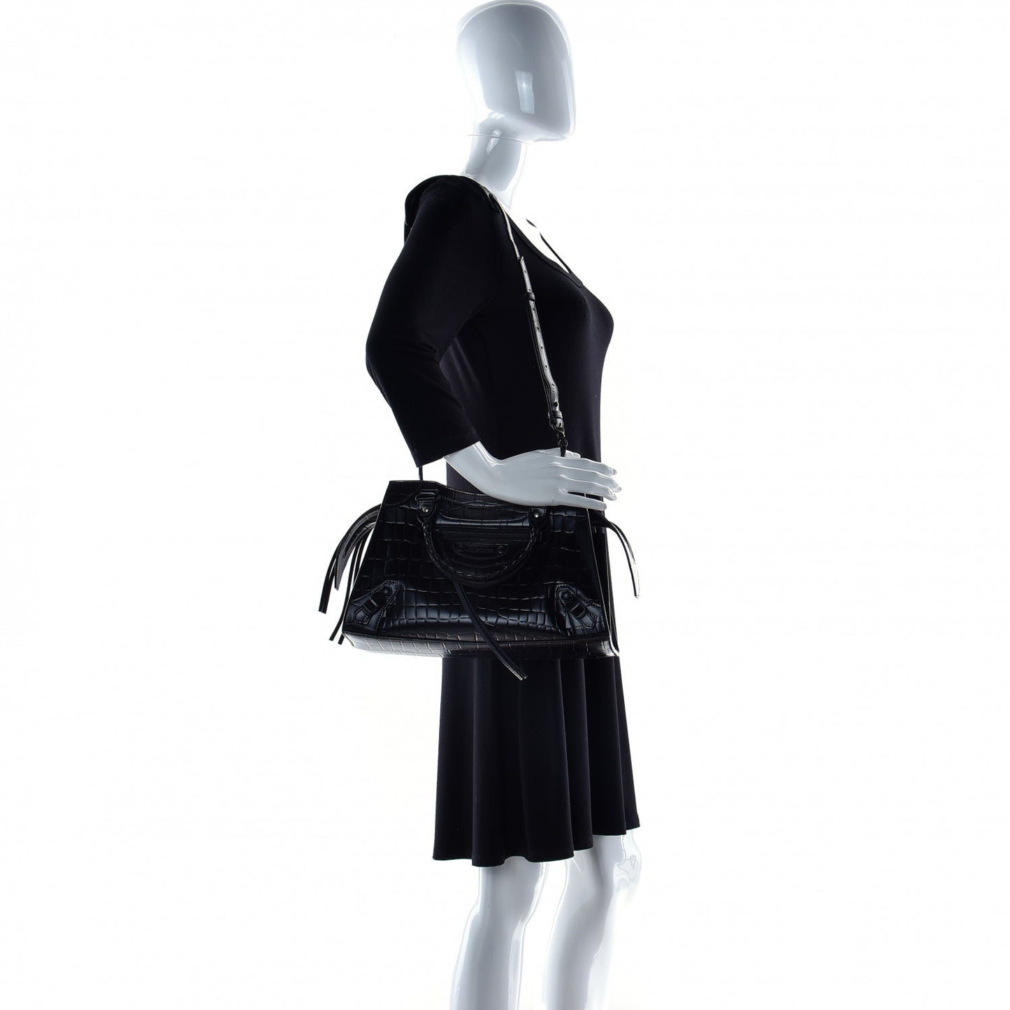 Semi Shiny Calfskin Crocodile Embossed Neo Classic Black Hardware S City Black