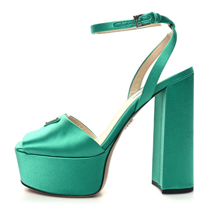 Prada Satin Metal Triangle Logo Ankle Strap 40/135mm Platform Sandals 38 Assenzio 1 of 9