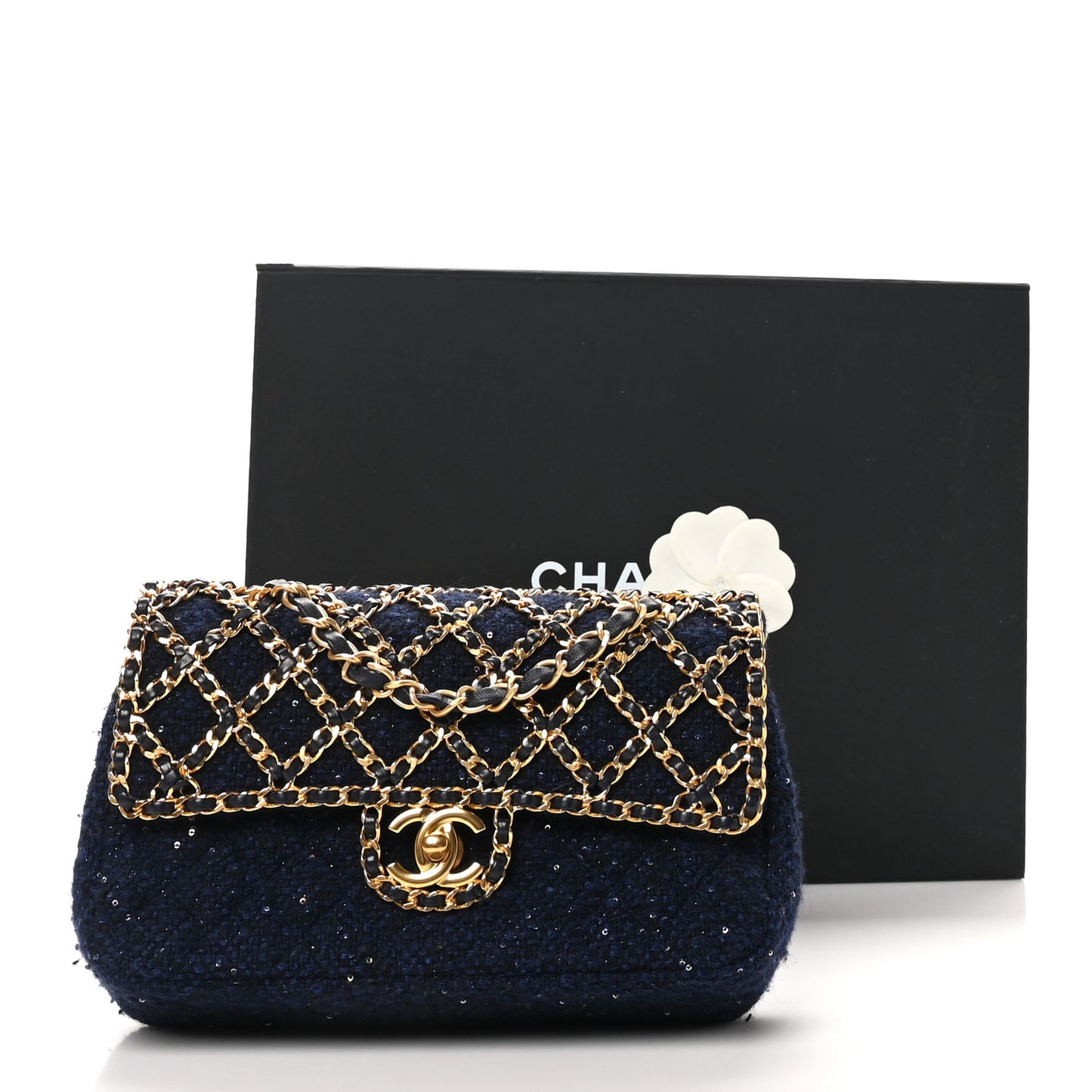 Tweed Sequin Timeless Classic Chained Double Flap Navy Blue