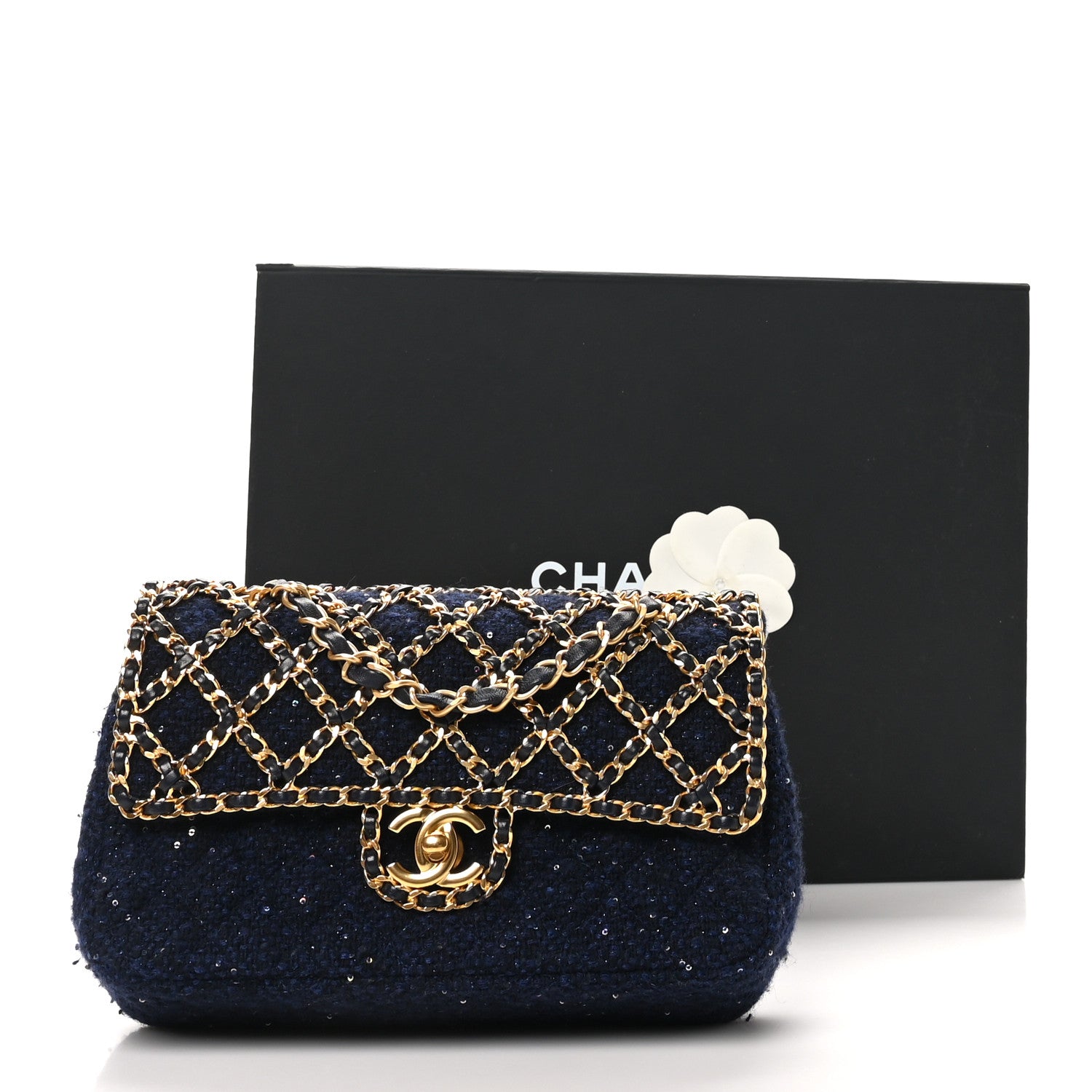Chanel Tweed Sequin Timeless Classic Chained Double Flap Navy Blue 11 of 11