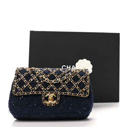Chanel Tweed Sequin Timeless Classic Chained Double Flap Navy Blue 11 of 11