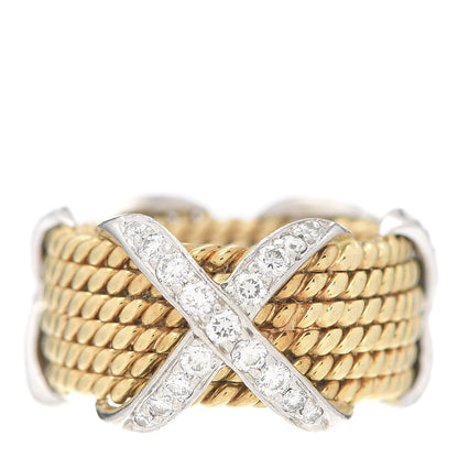 Tiffany 18K Yellow White Gold Diamond Schlumberger Rope Six Row X Ring 49 4.75 1 of 5