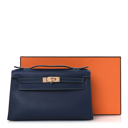 Hermes Swift Horseshoe Kelly Pochette Clutch  Bleu Navy Vert Vertigo 12 of 12