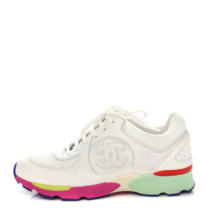 Chanel Suede Calfskin CC Sneakers 37 White Pink Green 1 of 12