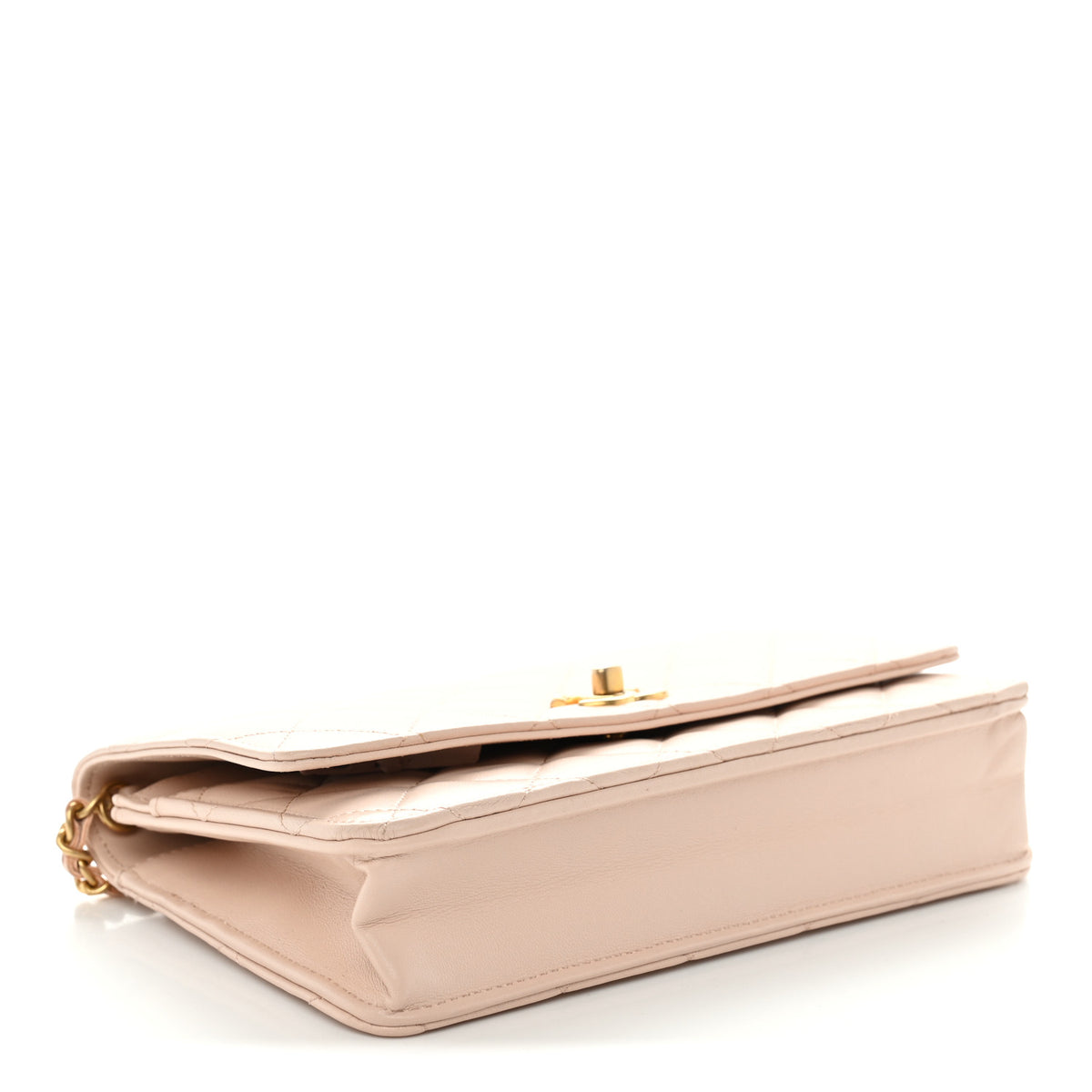 Lambskin Quilted CC Pearl Crush Wallet on Chain WOC Light Beige