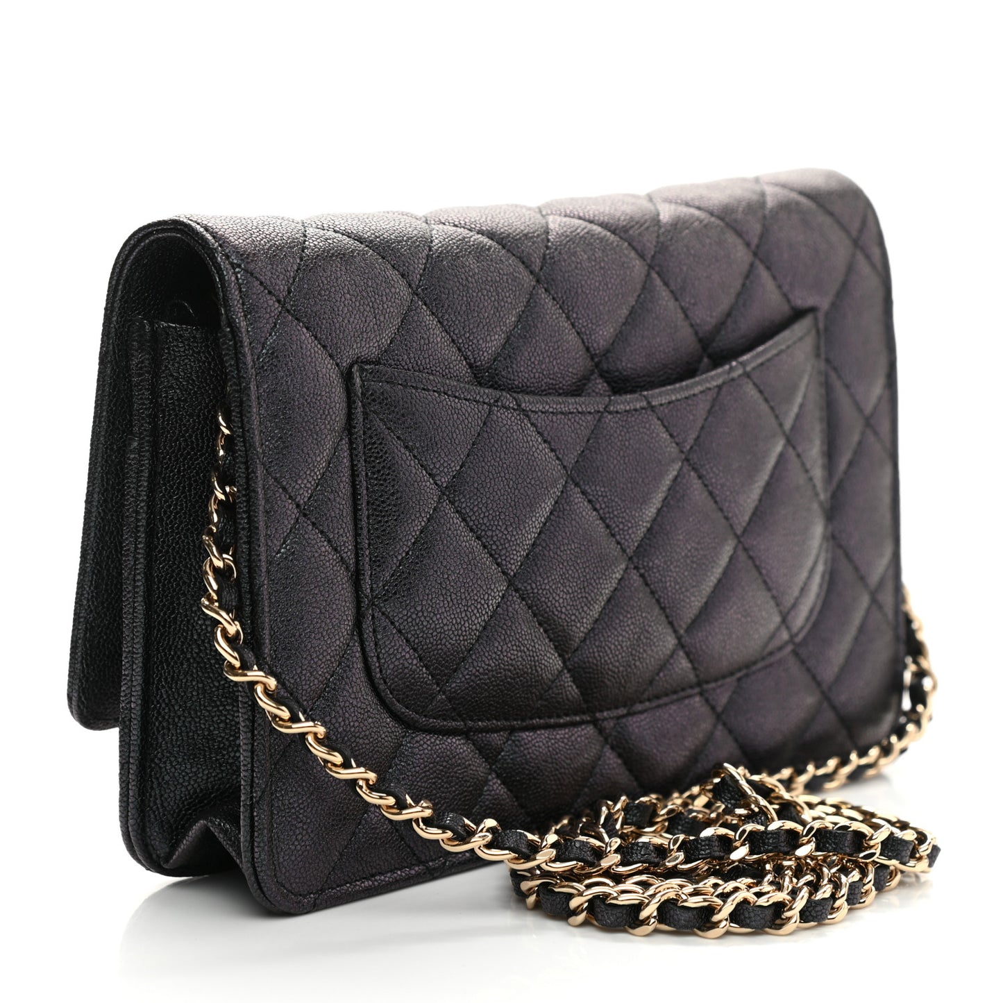 Iridescent Caviar Quilted Wallet On Chain WOC Black