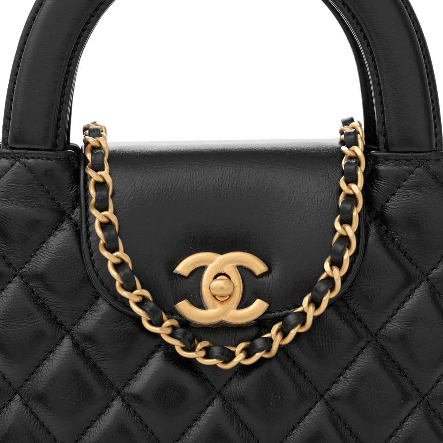 Shiny Aged Calfskin Quilted Nano Kelly Shopper Black