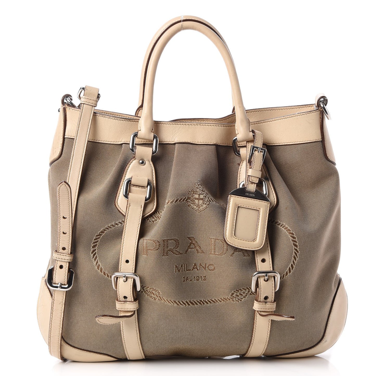 Jacquard Logo Frame Buckle Handbag Tote Bag Beige White