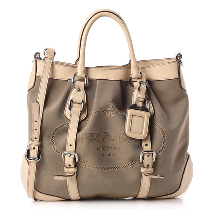 Prada Jacquard Logo Frame Buckle Handbag Tote Bag Beige White 1 of 18