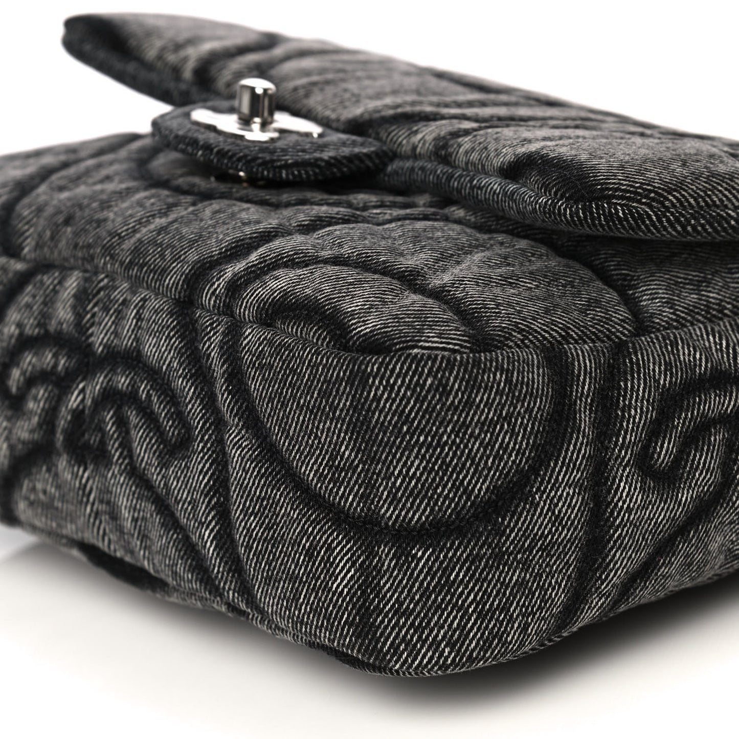 Denim Embossed CC Logo Print Mini Single Flap Black