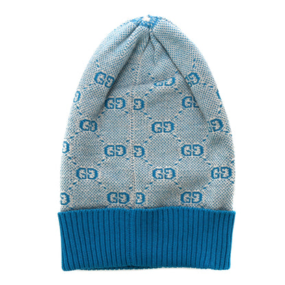Gucci Wool Cotton GG Monogram Piquarfino Beanie Hat Petroleum Blue Ivory 2 of 8