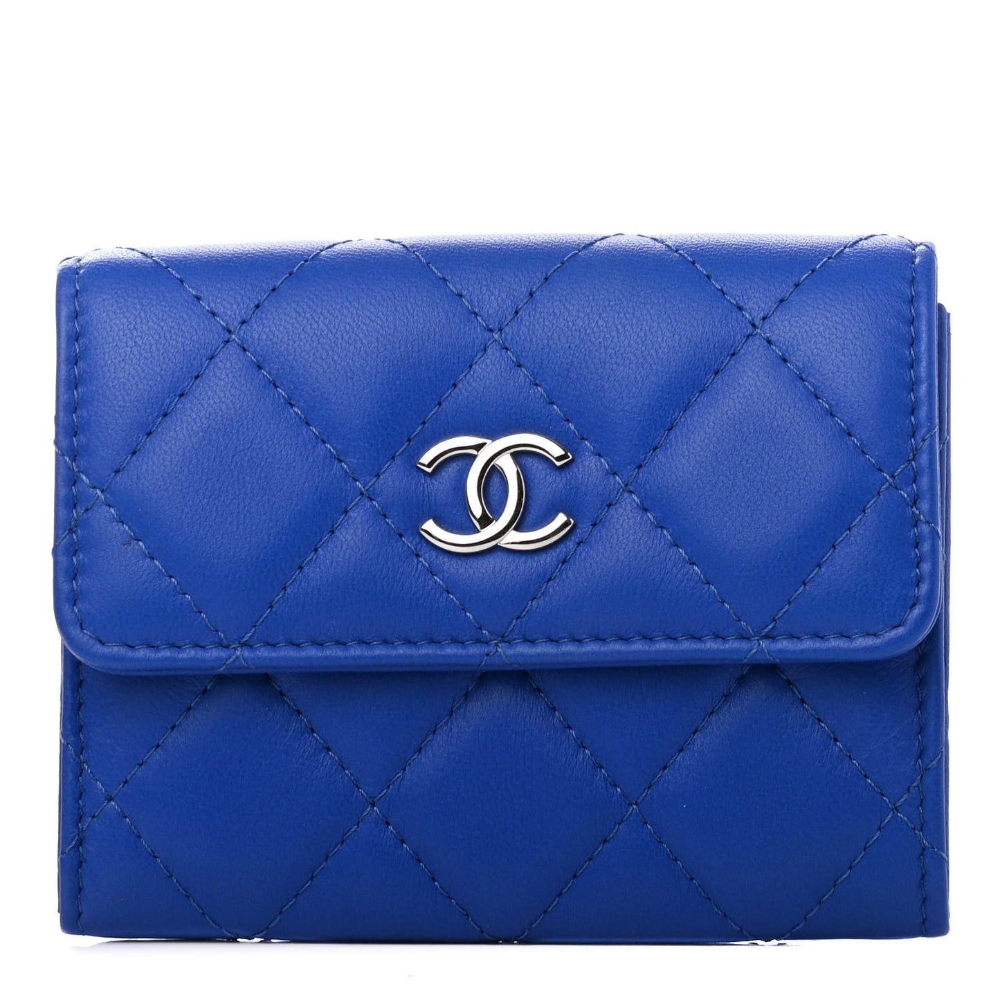 Lambskin Quilted Flap Card Holder Blue