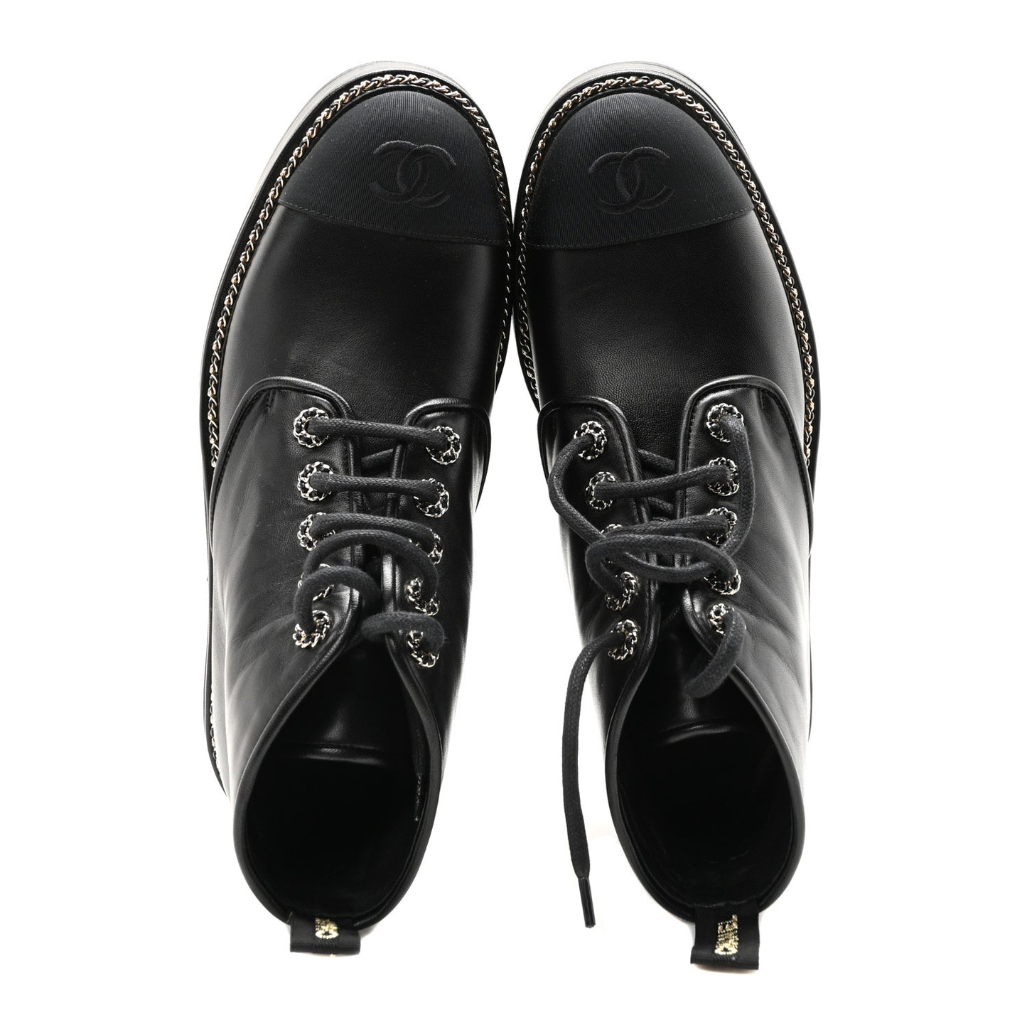Calfskin Grosgrain Chain Lace Up CC Short Boots 40 Black