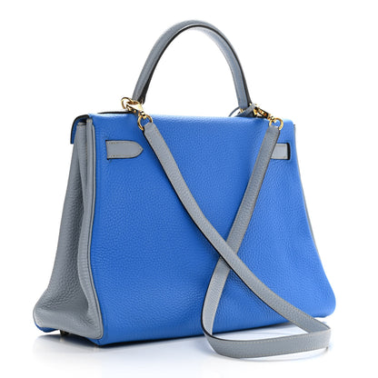 Hermes Taurillon Clemence Horseshoe Bi-Color Kelly Retourne 32 Bleu Hydra Bleu Lin 3 of 10