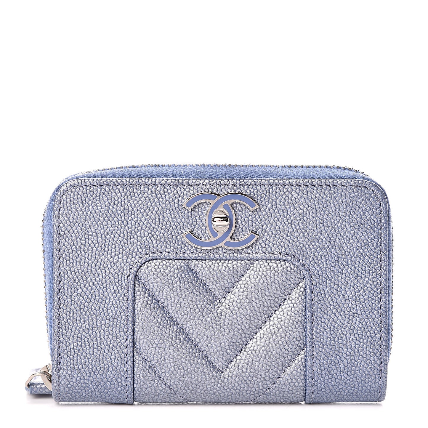 Metallic Caviar Chevron Quilted Vintage Mademoiselle Zip Coin Purse Light Blue