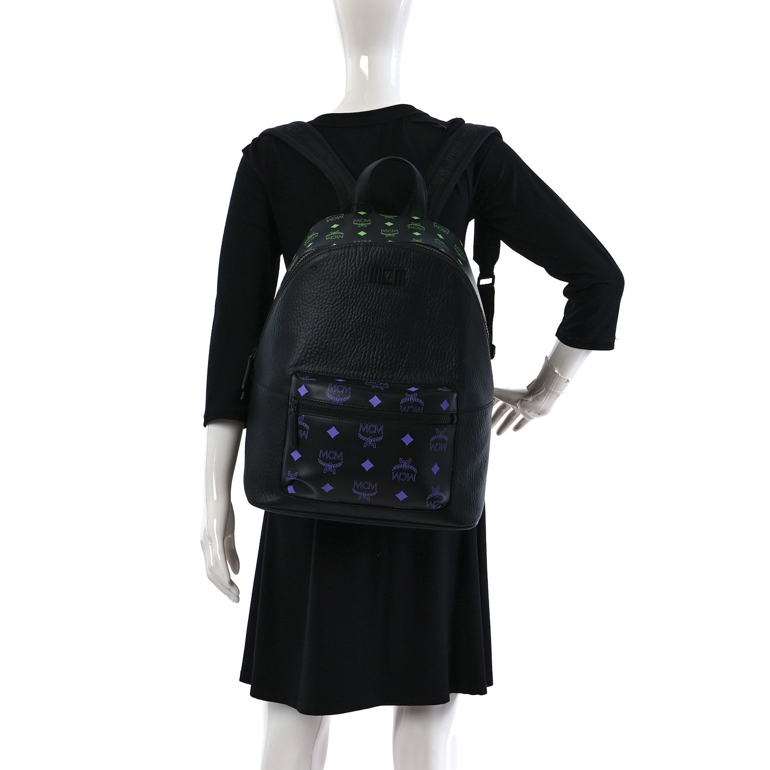 MCM Grained Calfskin Visetos Color Splash Medium Backpack Black Dahlia Purple Summer Green 2 of 8