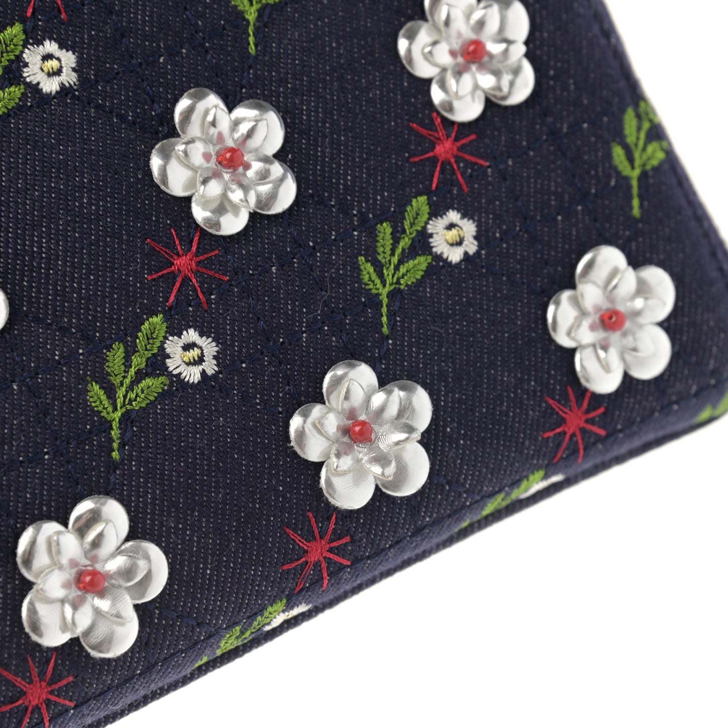 Denim Cannage Floral Embroidered Mini Lady Dior Blue