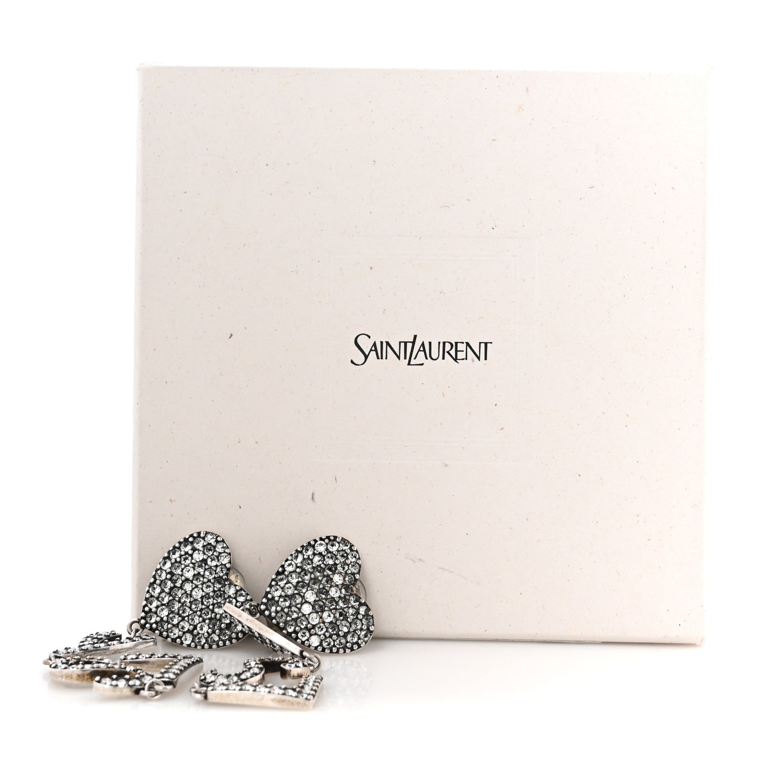 Saint Laurent Brass Crystal Monogram Heart Drop Clip Earrings Silver 5 of 5