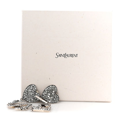 Saint Laurent Brass Crystal Monogram Heart Drop Clip Earrings Silver 5 of 5