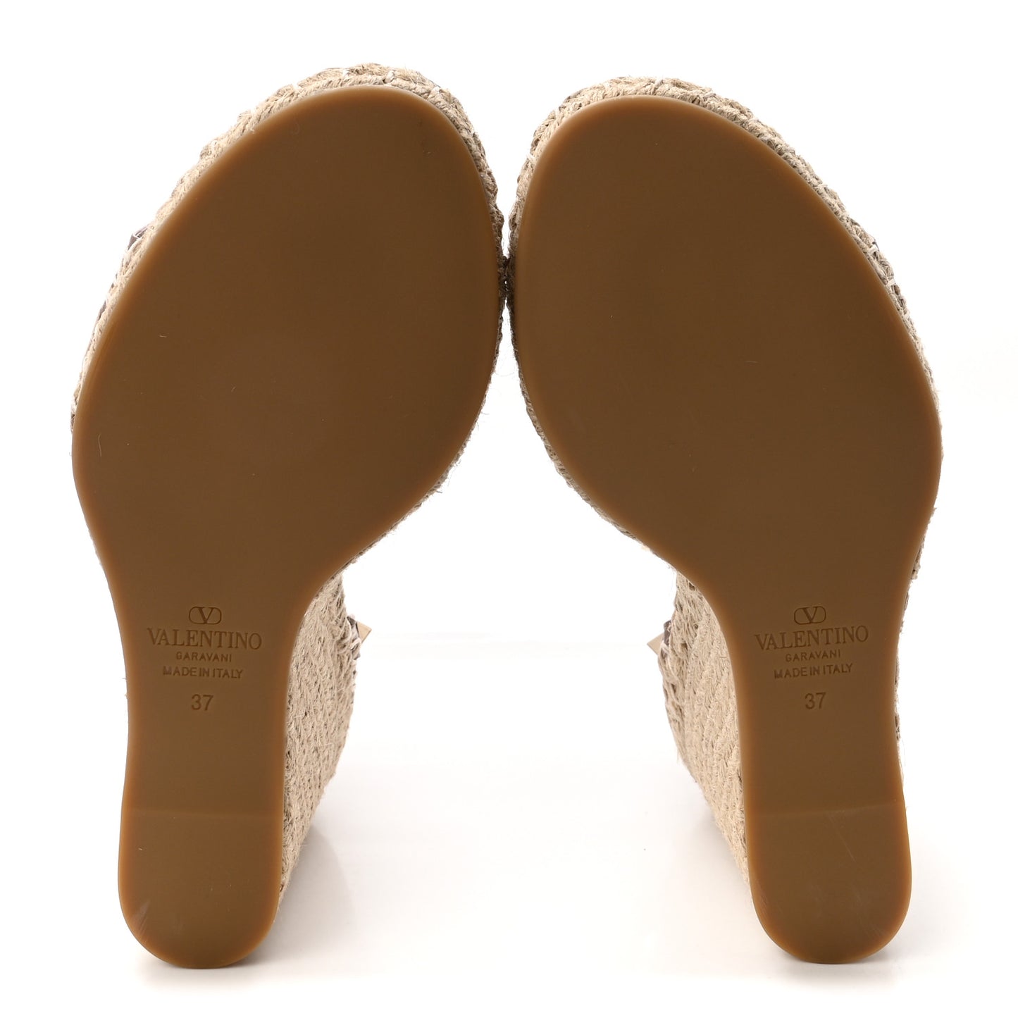 Grained Calfskin Rockstud Ankle Strap Espadrille 15/105mm Wedge Sandals 37 Poudre Natural