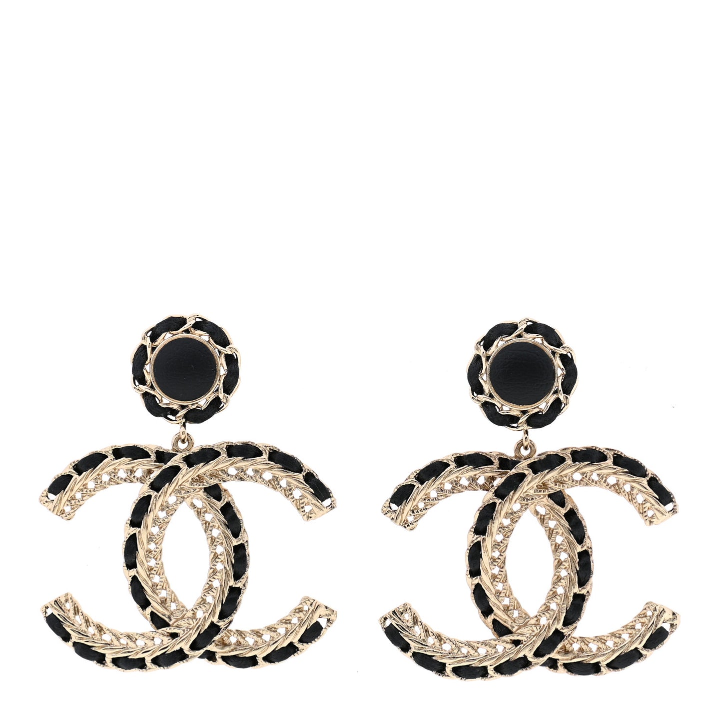 Lambskin CC Chain Drop Earrings Black Gold