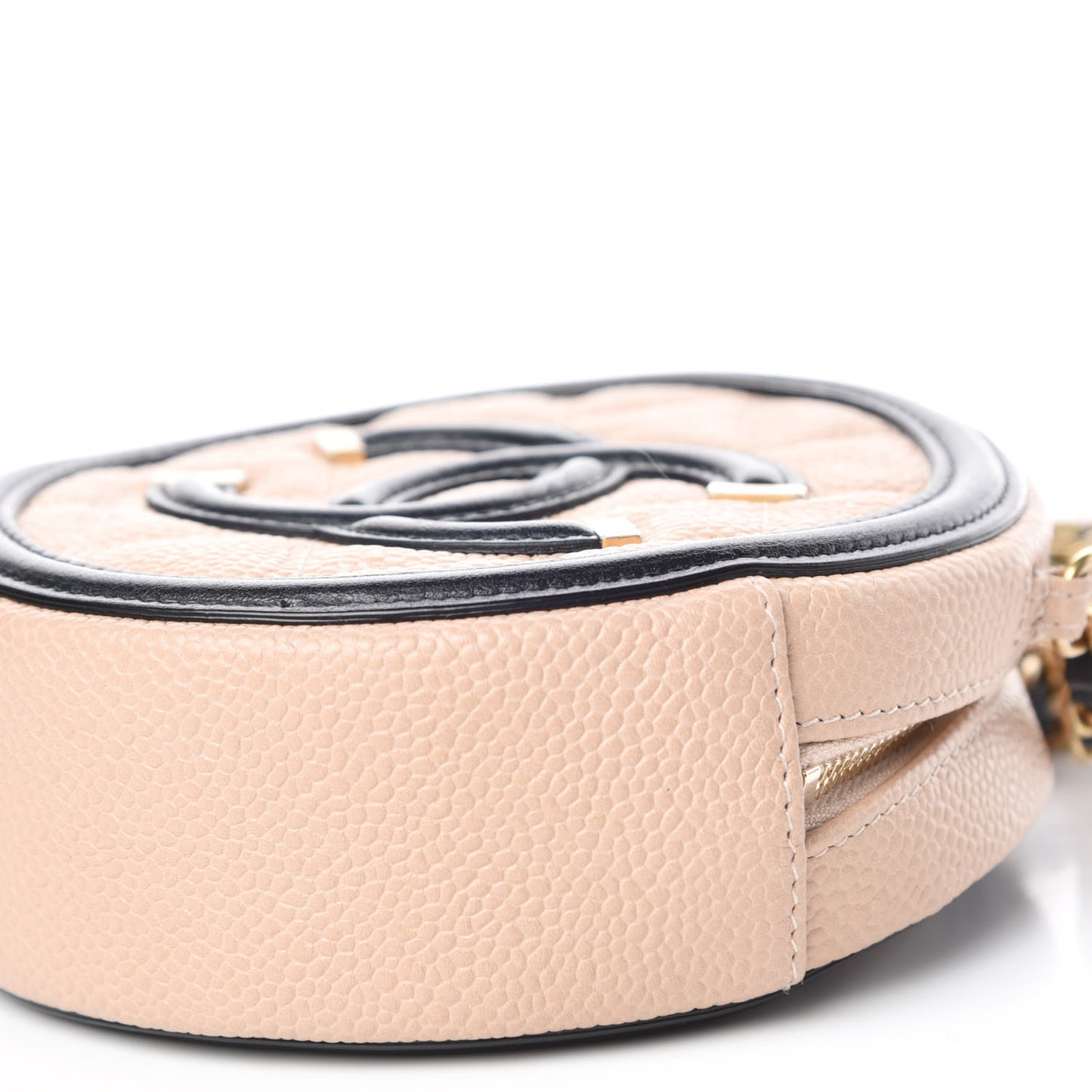 Caviar Quilted Round Filigree Crossbody Beige Black